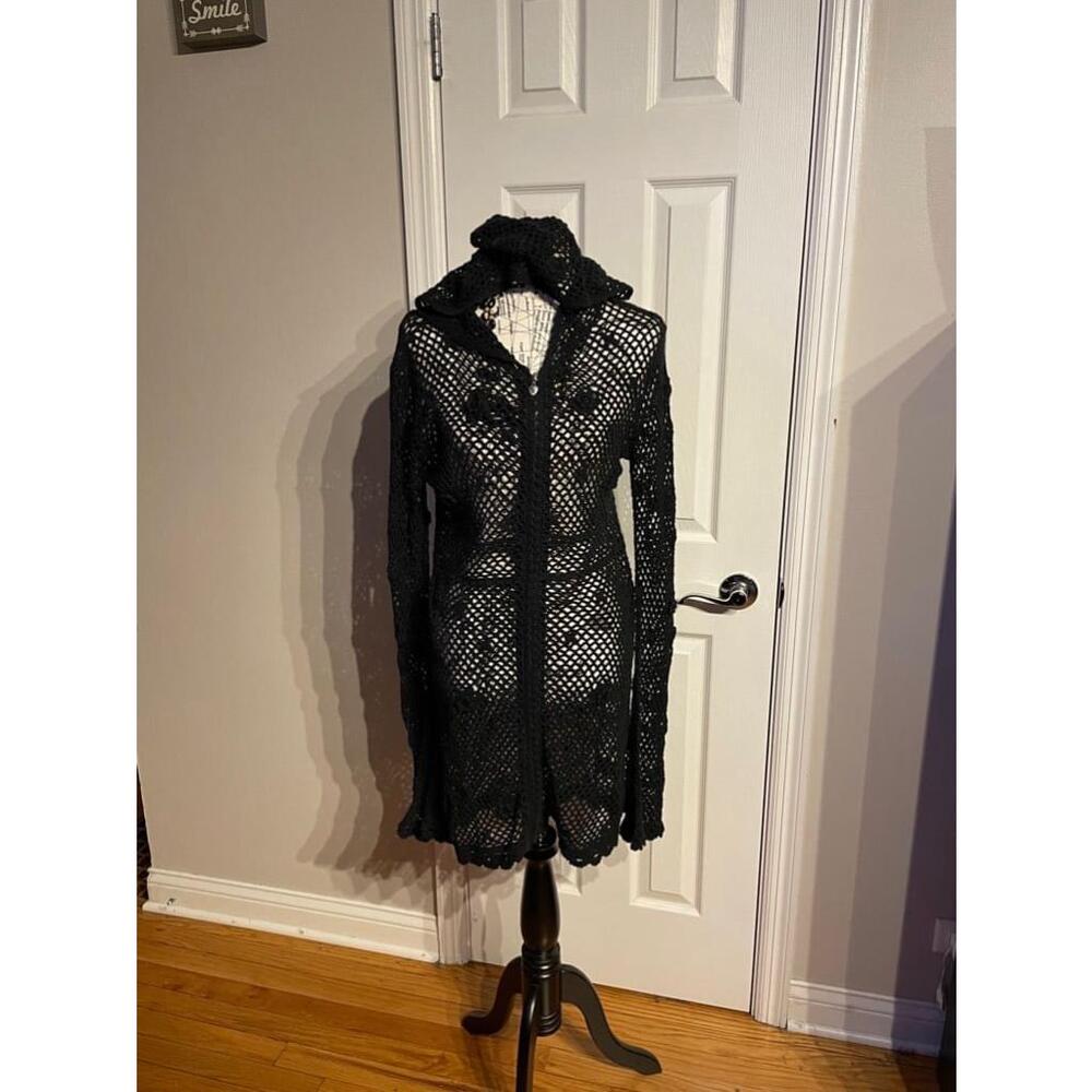 Twisted Heart Cardigan Hood Crochet Vintage y2k knit 3D floral sheer sweater L